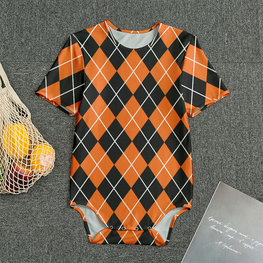 Orange And Black Argyle Print Men's Bodysuit