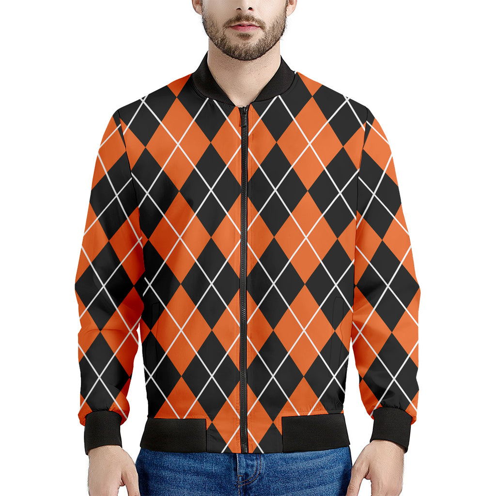 Orange And Black Argyle Print Men's Bomber Jacket