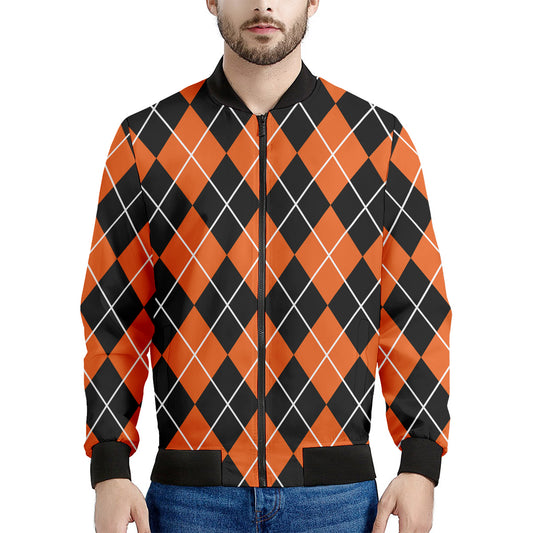 Orange And Black Argyle Print Men's Bomber Jacket