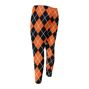 Orange And Black Argyle Print Men's Compression Pants