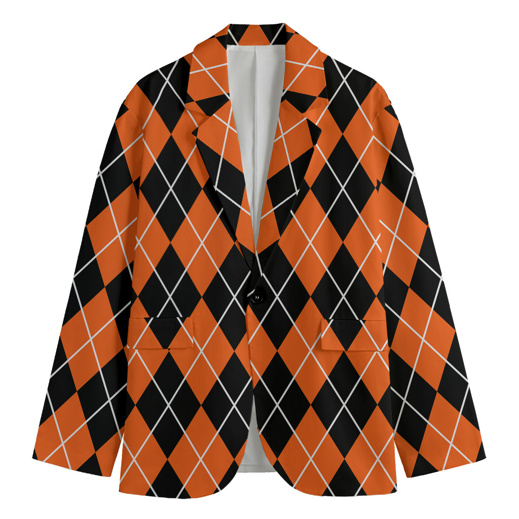 Orange And Black Argyle Print Men's Cotton Blazer