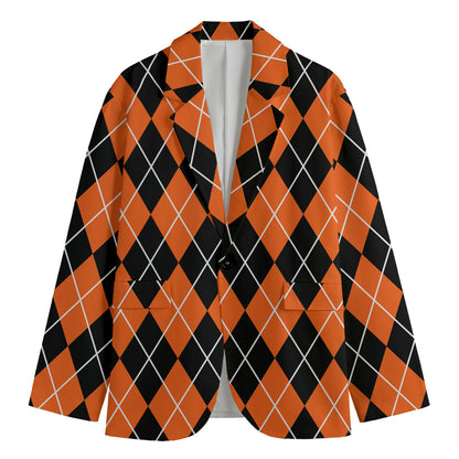 Orange And Black Argyle Print Men's Cotton Blazer