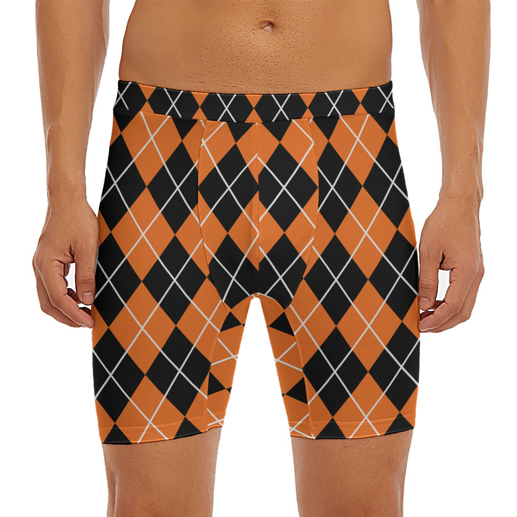 Orange And Black Argyle Print Men's Long Boxer Briefs