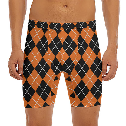 Orange And Black Argyle Print Men's Long Boxer Briefs