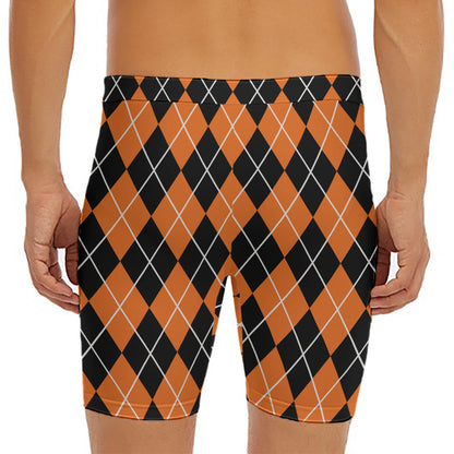 Orange And Black Argyle Print Men's Long Boxer Briefs