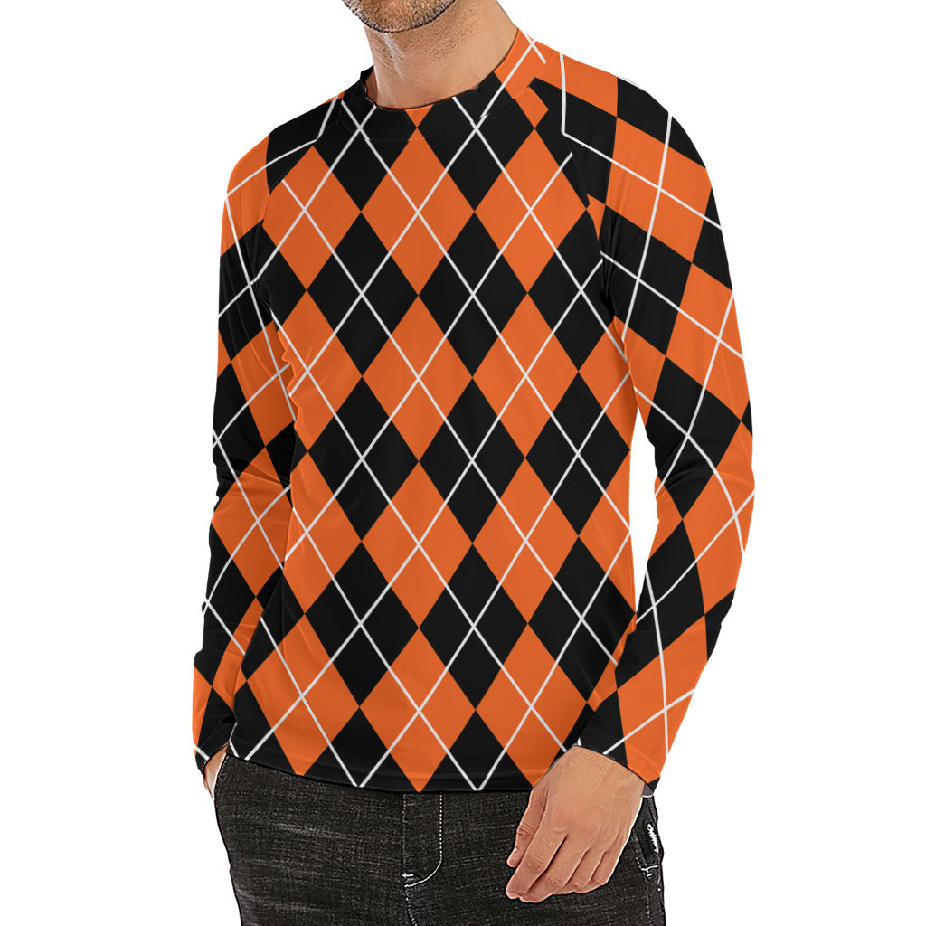 Orange And Black Argyle Print Men's Long Sleeve Rash Guard