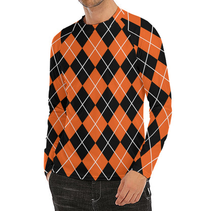 Orange And Black Argyle Print Men's Long Sleeve Rash Guard