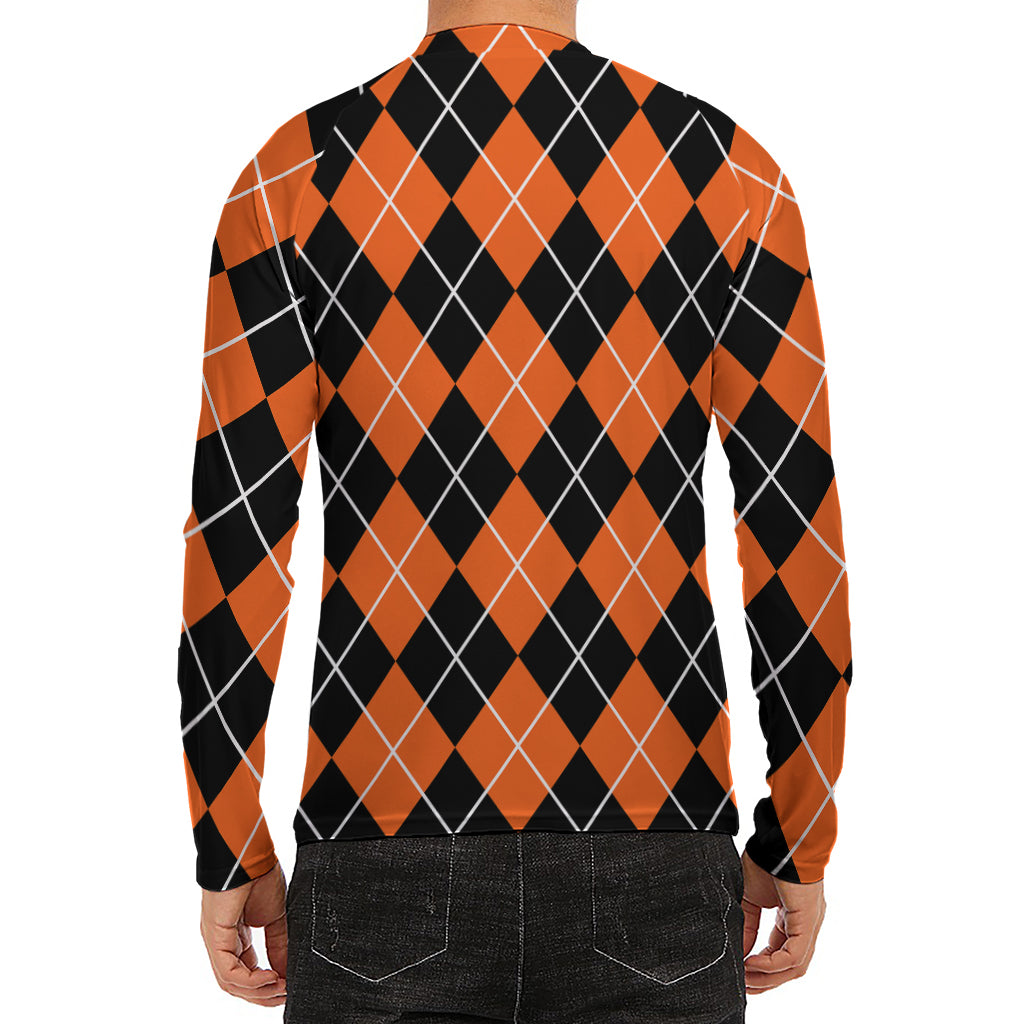 Orange And Black Argyle Print Men's Long Sleeve Rash Guard