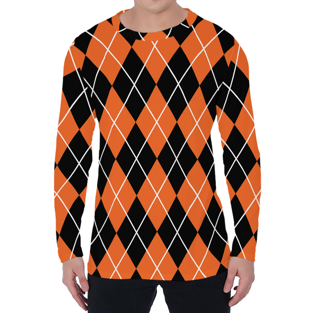 Orange And Black Argyle Print Men's Long Sleeve T-Shirt