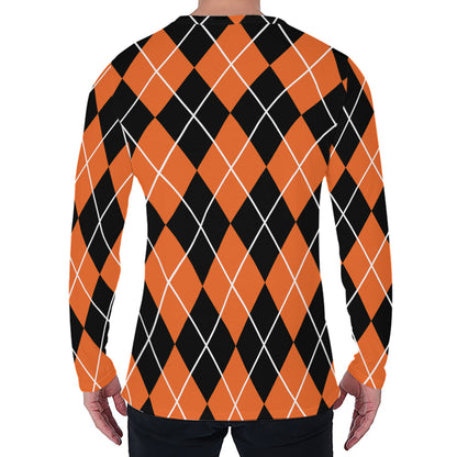 Orange And Black Argyle Print Men's Long Sleeve T-Shirt