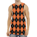 Orange And Black Argyle Print Men's Muscle Tank Top