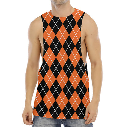 Orange And Black Argyle Print Men's Muscle Tank Top