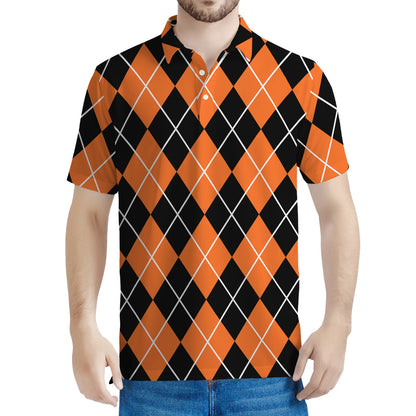 Orange And Black Argyle Print Men's Polo Shirt