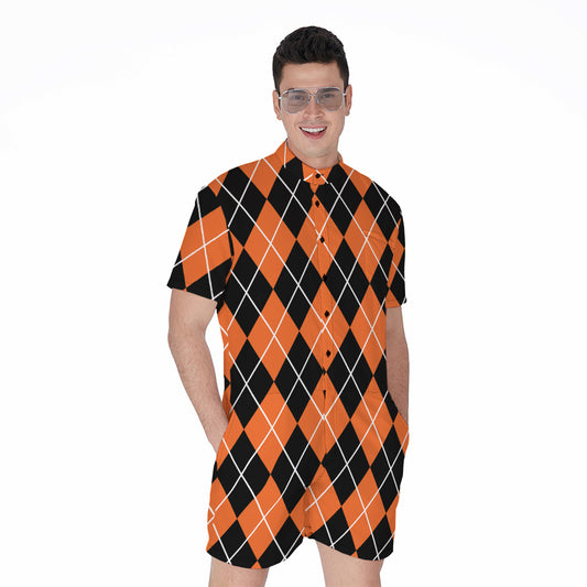 Orange And Black Argyle Print Men's Rompers