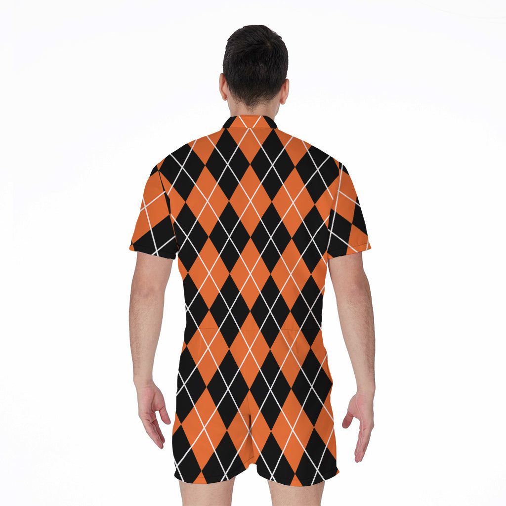 Orange And Black Argyle Print Men's Rompers
