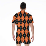 Orange And Black Argyle Print Men's Rompers