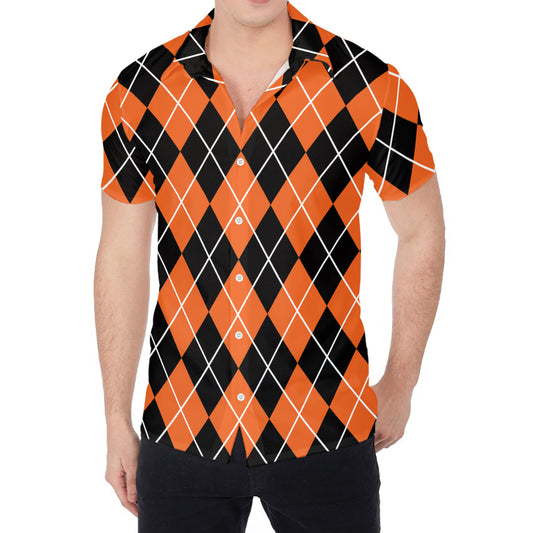 Orange And Black Argyle Print Men's Shirt