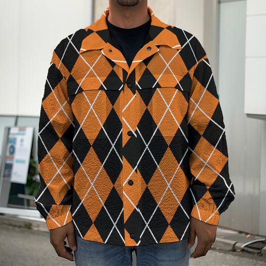 Orange And Black Argyle Print Men's Shirt Jacket