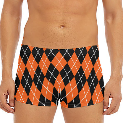 Orange And Black Argyle Print Men's Short Boxer Briefs
