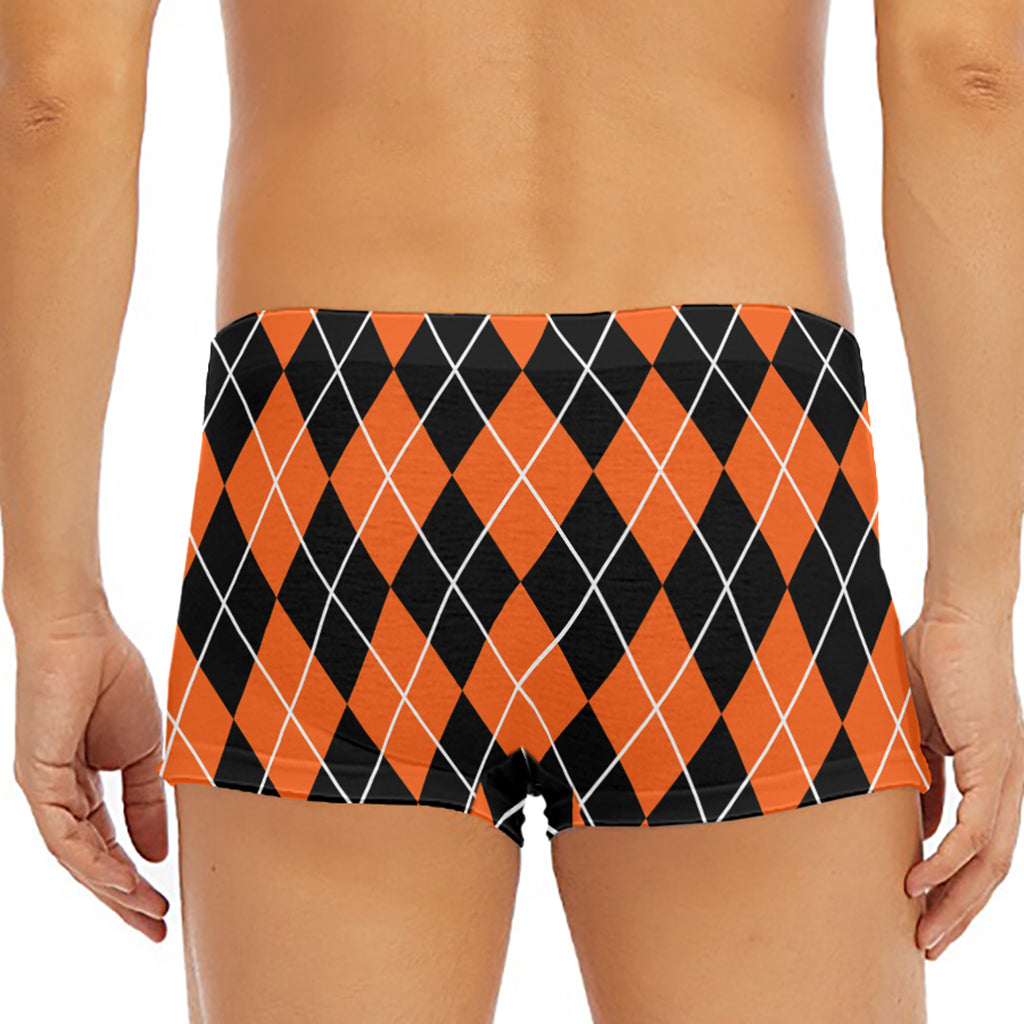 Orange And Black Argyle Print Men's Short Boxer Briefs