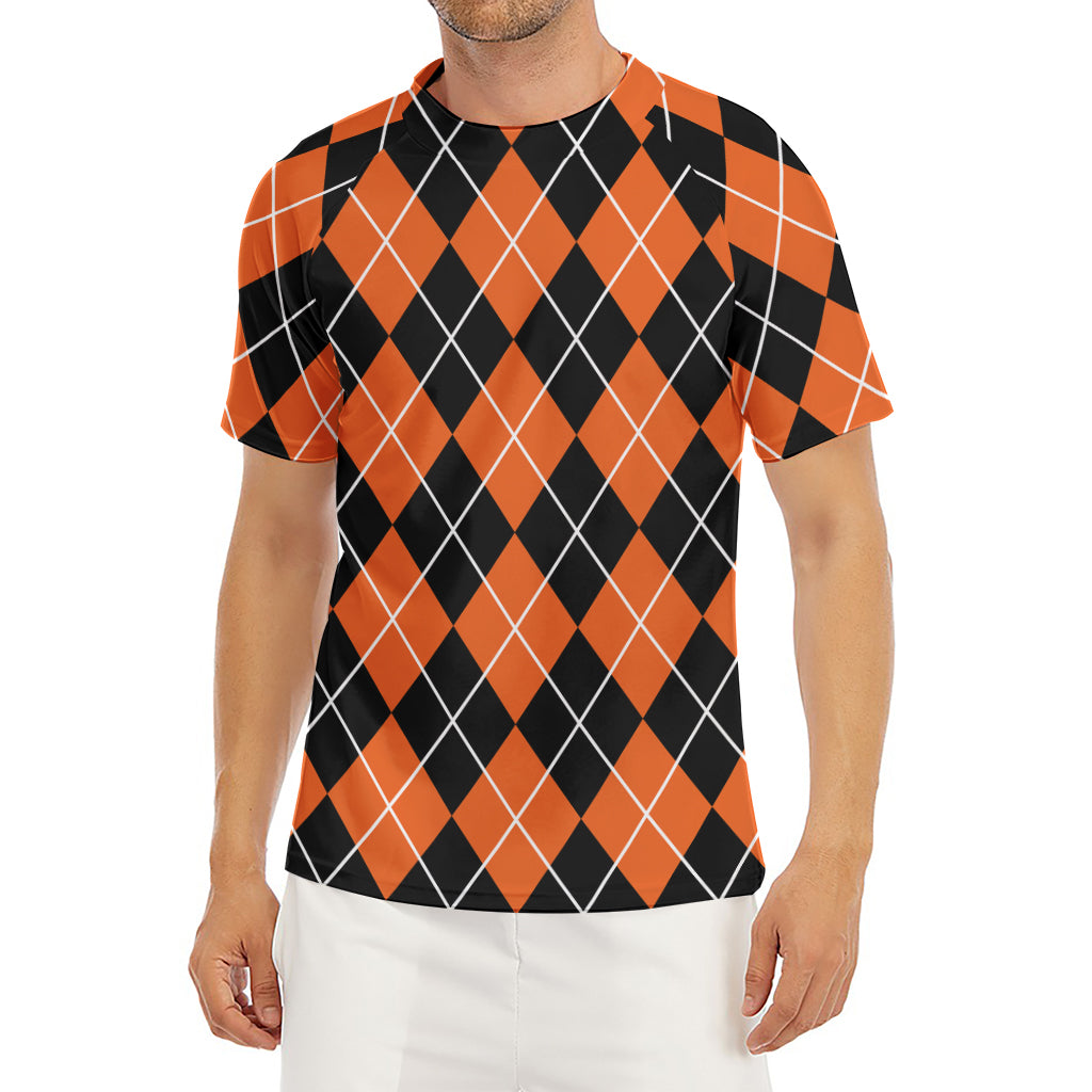 Orange And Black Argyle Print Men's Short Sleeve Rash Guard