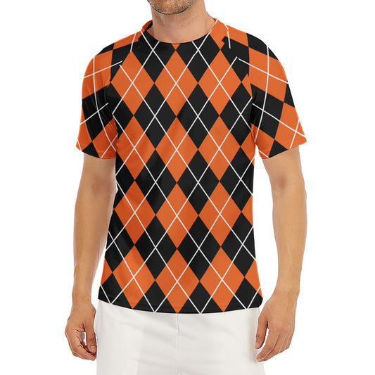 Orange And Black Argyle Print Men's Short Sleeve Rash Guard