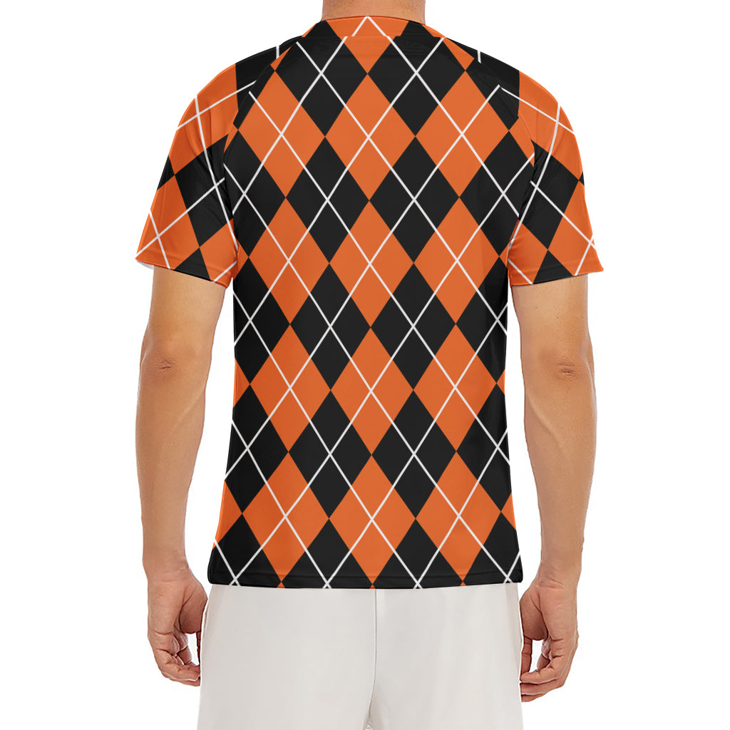 Orange And Black Argyle Print Men's Short Sleeve Rash Guard