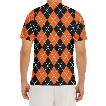 Orange And Black Argyle Print Men's Short Sleeve Rash Guard