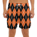 Orange And Black Argyle Print Men's Split Running Shorts