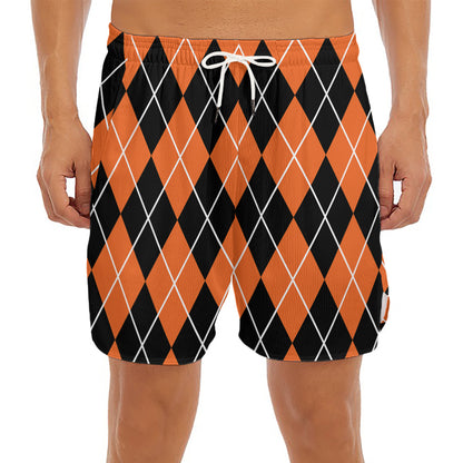 Orange And Black Argyle Print Men's Split Running Shorts