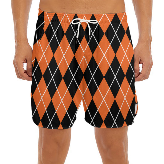 Orange And Black Argyle Print Men's Split Running Shorts