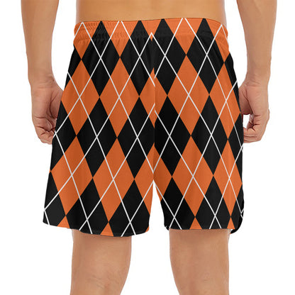 Orange And Black Argyle Print Men's Split Running Shorts