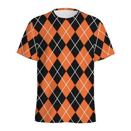 Orange And Black Argyle Print Men's Sports T-Shirt