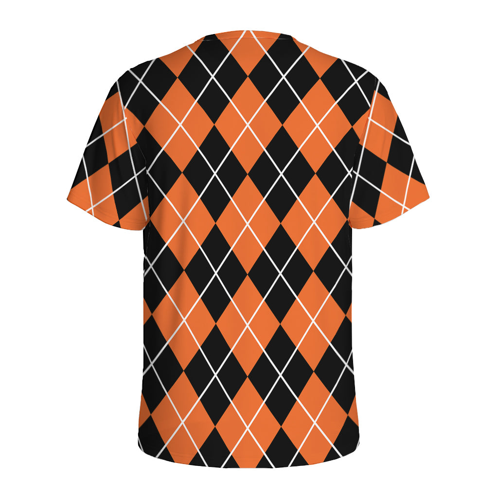 Orange And Black Argyle Print Men's Sports T-Shirt