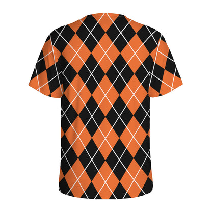 Orange And Black Argyle Print Men's Sports T-Shirt