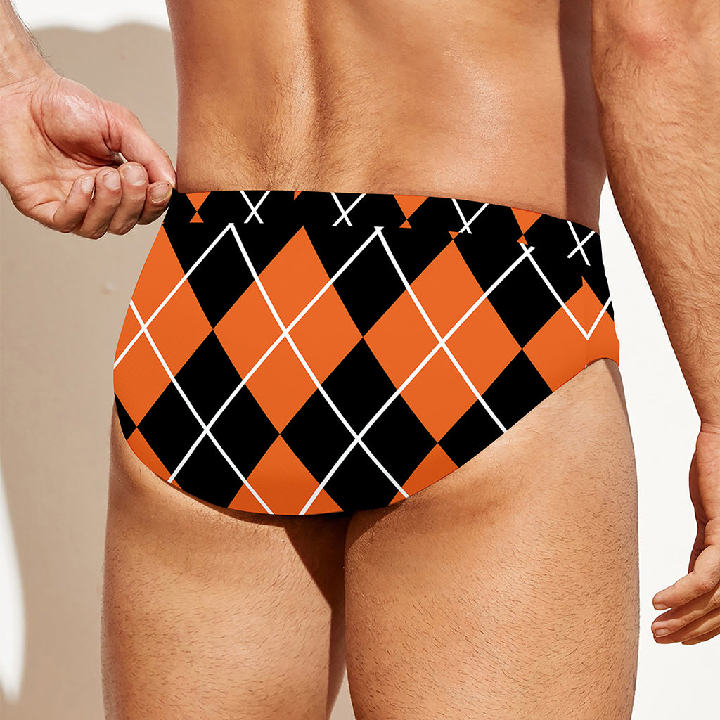 Orange And Black Argyle Print Men's Swim Briefs