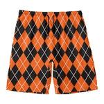 Orange And Black Argyle Print Men's Swim Trunks