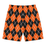Orange And Black Argyle Print Men's Swim Trunks