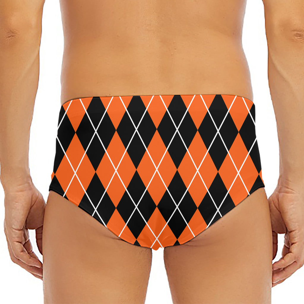 Orange And Black Argyle Print Men's Triangle Swim Briefs