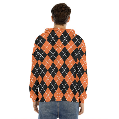 Orange And Black Argyle Print Men's Velvet Pullover Hoodie