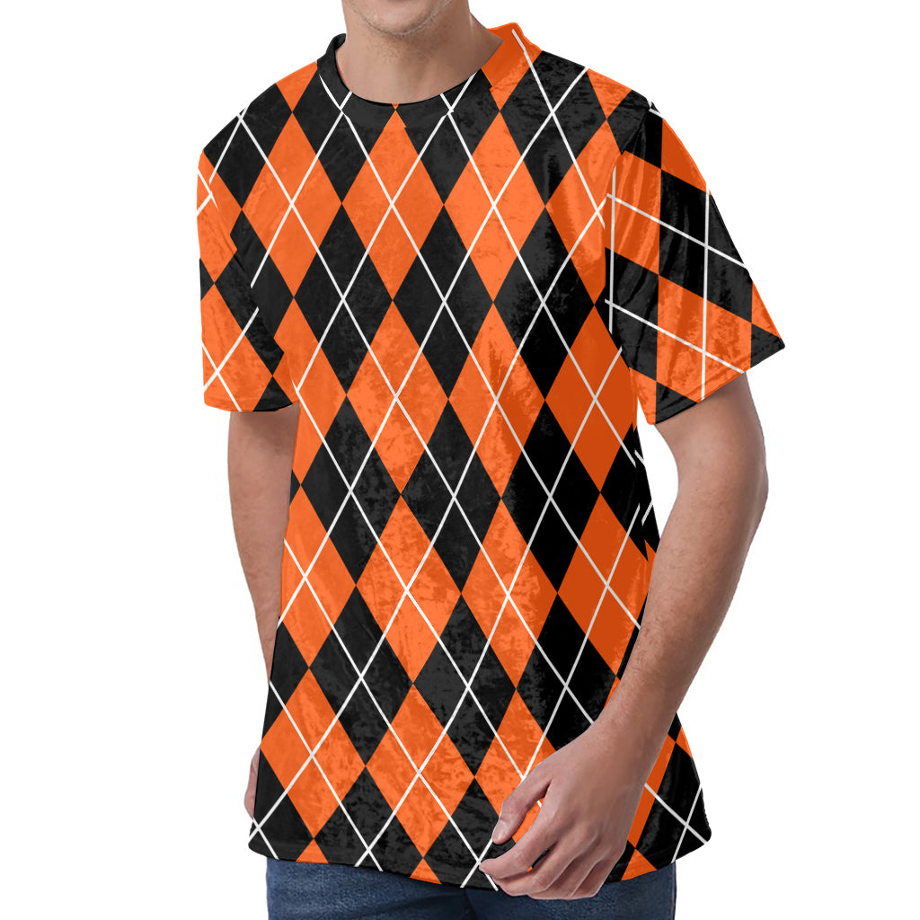 Orange And Black Argyle Print Men's Velvet T-Shirt