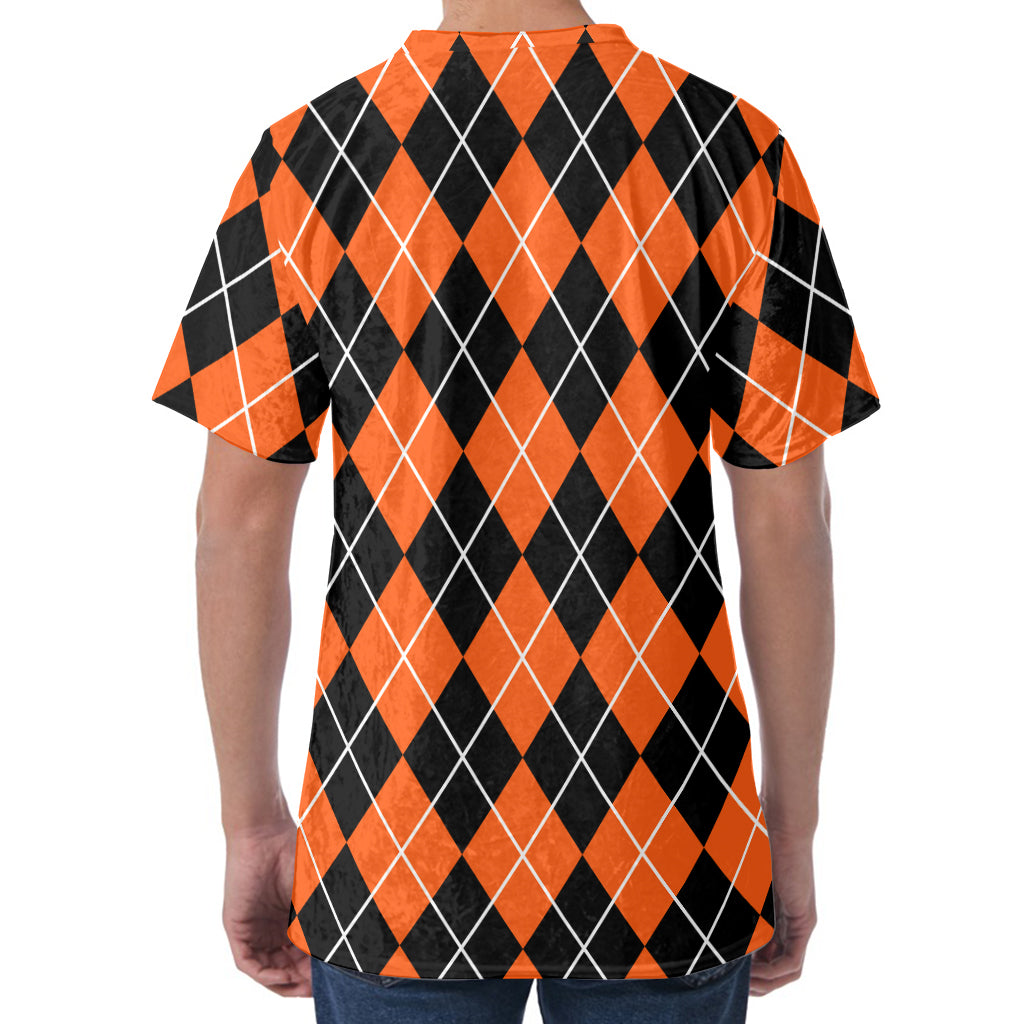 Orange And Black Argyle Print Men's Velvet T-Shirt
