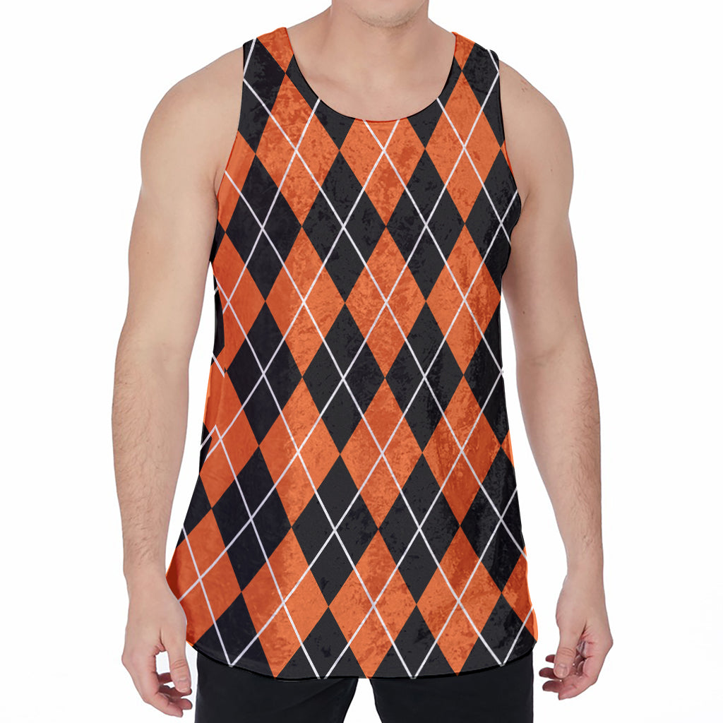 Orange And Black Argyle Print Men's Velvet Tank Top