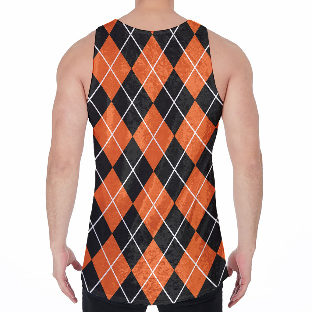 Orange And Black Argyle Print Men's Velvet Tank Top