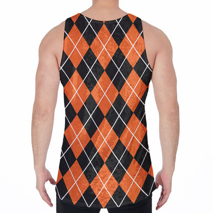 Orange And Black Argyle Print Men's Velvet Tank Top