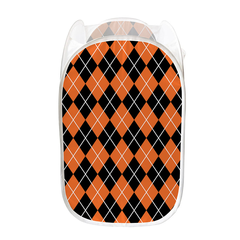 Orange And Black Argyle Print Mesh Laundry Hamper