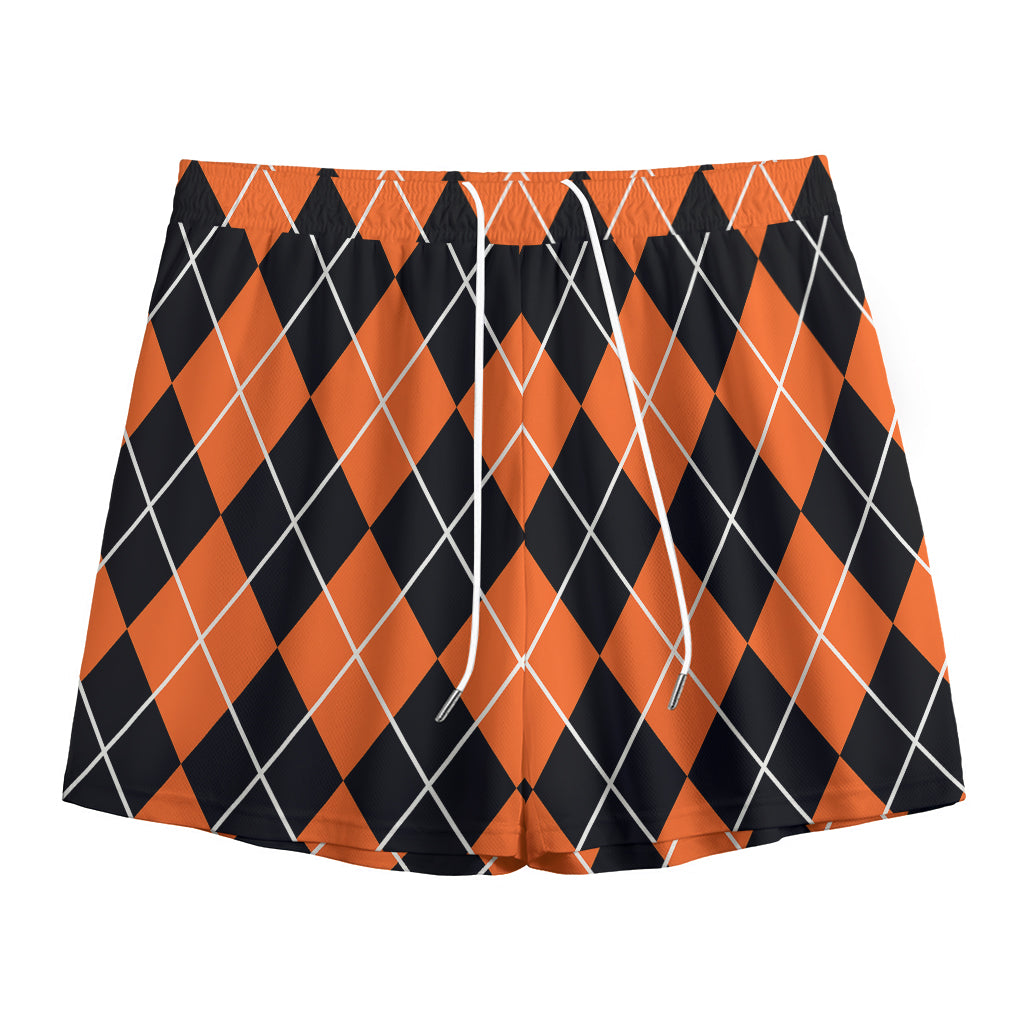 Orange And Black Argyle Print Mesh Shorts