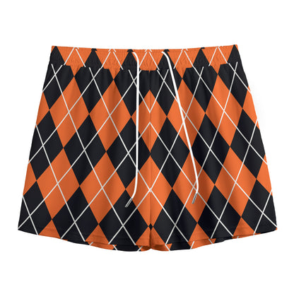 Orange And Black Argyle Print Mesh Shorts