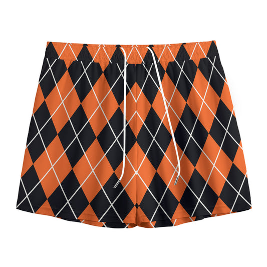 Orange And Black Argyle Print Mesh Shorts