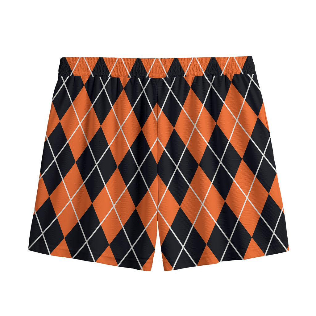 Orange And Black Argyle Print Mesh Shorts